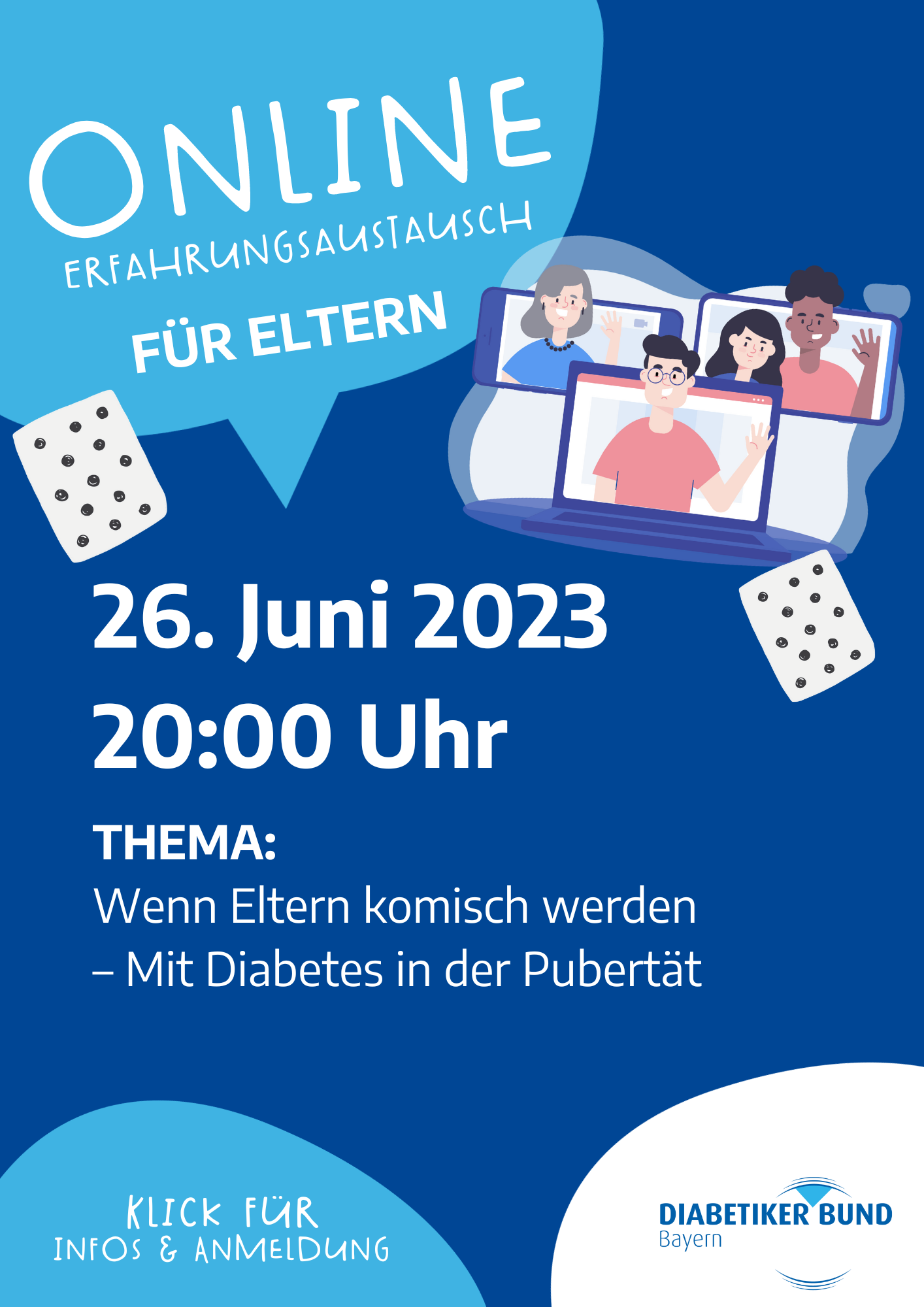 Plakat mit Termin Online-Eltern-Erfahrungsaustausch Pubertät mit Diabetes